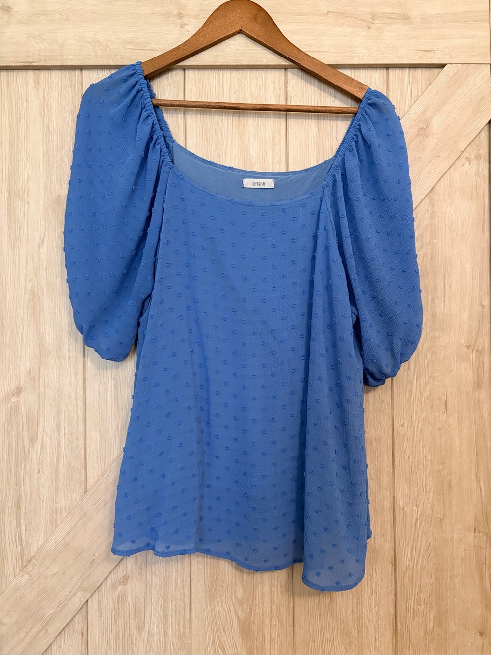 Size Large Cherish Blue Puff Sleeve Swiss Dot Blouse